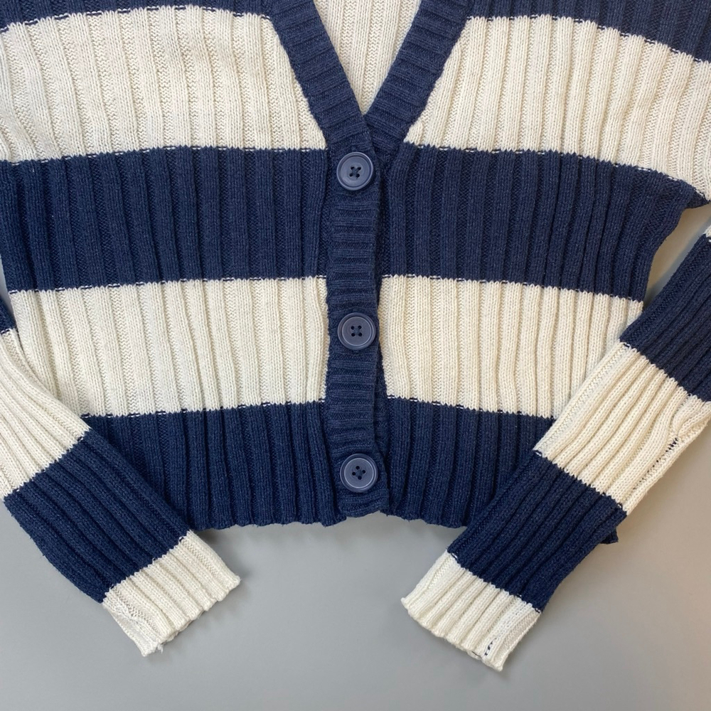 American Eagle Cardigan Womens XS Navy White Stripe Ribbed Crop Nautical Indie - Picture 10 of 12